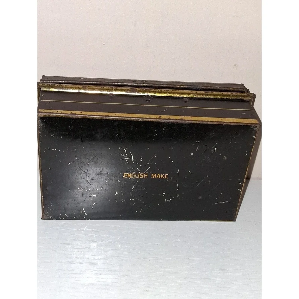 Vintage Antique English Made Tin Document Box Cash Box Black Gold Tole Style